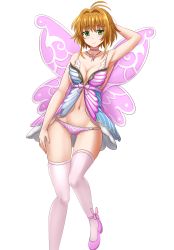 Rule 34 | 1girl, ahoge, animal print, antenna hair, arm behind head, arm up, armpits, blonde hair, blush, breasts, butterfly necklace, butterfly print, camisole, collarbone, commentary, commission, english commentary, fairy wings, hair between eyes, hair intakes, highres, jewelry, kazenokaze, leg up, looking at viewer, medium breasts, navel, necklace, panties, pink footwear, sakura hime, short hair, solo, thighhighs, tsubasa chronicle, underwear, wavy mouth, wings