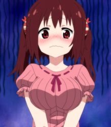 Rule 34 | 10s, 1girl, blush, breasts, breasts squeezed together, brown eyes, brown hair, ebina nana, female focus, highres, himouto! umaru-chan, large breasts, ribbon-trimmed clothes, ribbon trim, screencap, solo, stitched, third-party edit, twintails, wavy mouth