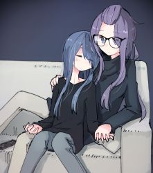 Rule 34 | 10s, 2girls, age difference, blue hair, blush, commentary request, controller, couch, denim, closed eyes, glasses, hand on another&#039;s shoulder, interlocked fingers, jeans, kagamihara sakura, leaning on person, long hair, long sleeves, multiple girls, pants, purple hair, remote control, shima rin, shiroshi (denpa eshidan), sitting, sleeping, sleeping on person, sleeping upright, sweater, yuri, yurucamp