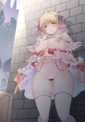 Rule 34 | 1girl, arch bishop (ragnarok online), bar censor, blue flower, blush, bow, box, breasts, breath, brick wall, censored, cleavage, clothes lift, commentary request, commission, cross, dress, dress bow, dress lift, feet out of frame, flower, frilled dress, frilled sleeves, frills, gluteal fold, green eyes, hair between eyes, hair bow, hair flower, hair ornament, highres, large areolae, large breasts, lifted by self, looking at viewer, mizuki takehito, navel, nipples, no panties, official alternate costume, open mouth, pink bow, purple bow, pussy, pussy juice, pussy juice stain, pussy juice trail, ragnarok online, red dress, shiny skin, short hair, skeb commission, solo, thick thighs, thighhighs, thighs, two-tone dress, white dress, white thighhighs, yellow bow