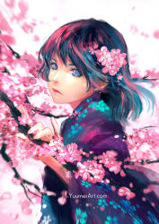 Rule 34 | 1girl, black hair, blue eyes, blurry, cherry blossoms, close-up, closed mouth, commentary, english commentary, face, floral print, highres, japanese clothes, kimono, long hair, looking at viewer, original, profile, simple background, solo, watermark, web address, wind, yuumei