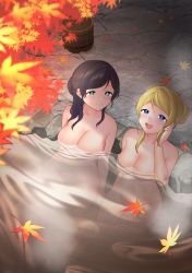 Rule 34 | 10s, 2girls, :d, ayase eli, bathing, blonde hair, blue eyes, breasts, bucket, censored, censored nipples, closed mouth, commentary request, completely nude, convenient censoring, falling leaves, floating breasts, from above, green eyes, hair bun, hair up, highres, kazepana, leaf, leaf censor, looking at another, looking up, love live!, love live! school idol project, multiple girls, navel, nude, onsen, open mouth, partially submerged, purple hair, rock, sidelocks, single hair bun, sitting, smile, tojo nozomi, water, wet, wooden bucket