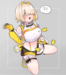 Rule 34 | !?, absurdres, ahoge, black gloves, blonde hair, blush, breasts, clothing cutout, crop top, crop top overhang, cropped sweater, elegg (nikke), exposed pocket, gloves, goddess of victory: nikke, hair intakes, hair over eyes, highres, hwasedo, large breasts, long bangs, long sleeves, micro shorts, multicolored clothes, multicolored gloves, multicolored hair, navel, open mouth, purple eyes, shoes, short hair, shorts, shoulder cutout, sneakers, spread legs, squatting, suspender shorts, suspenders, sweat, thigh strap, two-tone hair, white shorts, yellow gloves