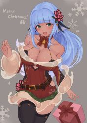 Rule 34 | 1girl, :d, apsara (monster girl encyclopedia), bell, bell orgel, belt, belt buckle, black thighhighs, blue hair, blunt bangs, blush, bow, bowtie, box, breasts, buckle, christmas, cleavage, fins, gift, gift box, green eyes, head fins, heart, highres, large breasts, long hair, merry christmas, monster girl encyclopedia, monster girl encyclopedia ii, neck bell, open mouth, santa costume, smile, snowflakes, solo, thighhighs