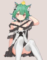 Rule 34 | 1girl, ahoge, animal ear fluff, animal ears, arm behind head, bare shoulders, black choker, choker, closed mouth, collar, collarbone, convenient leg, detached sleeves, dress, earrings, expressionless, feet out of frame, flat chest, frilled collar, frilled dress, frilled sleeves, frills, green hair, hair between eyes, hair ornament, hololive, hoshiya takahito, jewelry, piyoko (uruha rushia), red eyes, simple background, sitting, skull, skull hair ornament, solo, spread legs, thighhighs, uruha rushia, uruha rushia (3rd costume), virtual youtuber, white thighhighs, x hair ornament