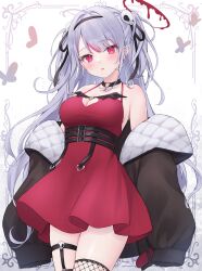 Rule 34 | 1girl, absurdres, bare shoulders, belt, black choker, black jacket, breasts, choker, cleavage, commission, cowboy shot, dress, fishnets, grey hair, hair ornament, hairband, halo, halter dress, halterneck, heart, highres, jacket, long hair, looking at viewer, medium breasts, multicolored hair, multiple belts, off shoulder, original, parted lips, puffy sleeves, red dress, red eyes, shano hiyori, short dress, skeb commission, skull hair ornament, sleeveless, sleeveless dress, solo, spaghetti strap, streaked hair, thighs, two side up, very long hair
