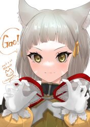 Rule 34 | 1girl, animal ear fluff, animal ears, claw pose, closed mouth, facial mark, gao, gloves, grey hair, highres, light smile, long sleeves, looking at viewer, nayuta-kanata, nia (xenoblade), puffy long sleeves, puffy sleeves, ribbed sweater, signature, simple background, solo, sweater, v-shaped eyebrows, white background, white gloves, xenoblade chronicles (series), xenoblade chronicles 2, yellow sweater