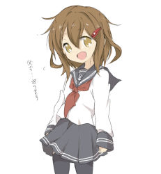 Rule 34 | 10s, 1girl, black thighhighs, brown eyes, brown hair, core (mayomayo), fang, hair ornament, hairclip, ikazuchi (kancolle), kantai collection, neckerchief, open mouth, red neckerchief, school uniform, serafuku, short hair, skirt, smile, solo, thighhighs, translation request