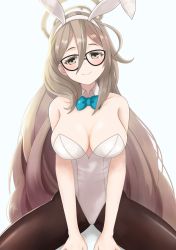 Rule 34 | 1girl, akane (blue archive), akane (bunny) (blue archive), animal ears, black-framed eyewear, black pantyhose, blue archive, blue bow, blue bowtie, bow, bowtie, breasts, brown eyes, brown hair, cleavage, commentary request, cowboy shot, detached collar, fake animal ears, glasses, hair between eyes, highres, large breasts, leotard, long hair, looking at viewer, pantyhose, playboy bunny, rabbit ears, simple background, sitting, solo, strapless, strapless leotard, tennorikurenai, white background, white leotard, wrist cuffs