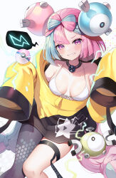 Rule 34 | 1girl, absurdres, alternate color, bikini, blue hair, bow-shaped hair, breasts, character hair ornament, cleavage, creatures (company), game freak, gen 1 pokemon, grey pantyhose, gym leader, hair ornament, highres, iono (pokemon), jacket, jehyun, long hair, looking at viewer, magnemite, medium breasts, multicolored hair, nintendo, pantyhose, pink eyes, pink hair, poke ball, pokemon, pokemon (creature), pokemon sv, sharp teeth, shiny pokemon, simple background, single leg pantyhose, sleeves past fingers, sleeves past wrists, smile, solo, swimsuit, teeth, thigh strap, two-tone hair, very long hair, white background, white bikini, yellow jacket