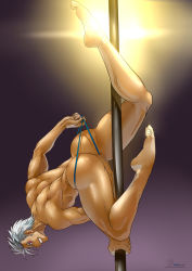 Rule 34 | 1boy, ass, bara, barefoot, character request, copyright request, highres, inmomakuro, looking at viewer, male focus, muscular, pole, pole dancing, scar, silver hair, solo, underwear