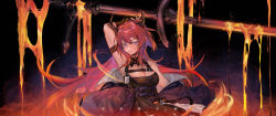 Rule 34 | 1girl, arknights, armpits, bare shoulders, black dress, character name, demon girl, demon horns, detached collar, dress, highres, horns, infection monitor (arknights), long hair, looking at viewer, mayf42, lava, red hair, skirt, solo, surtr (arknights), sword, weapon