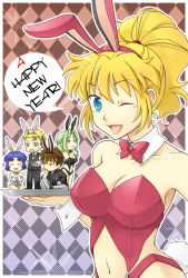 Rule 34 | 1girl, alternate costume, animal ears, banpresto, blonde hair, blue eyes, bow, bowtie, breasts, brooklyn luckfield, brown eyes, brown hair, cleavage, drink, excellen browning, closed eyes, formal, green eyes, green hair, happy new year, indian style, japanese clothes, jitome, kusuha mizuha, kyousuke nanbu, lamia loveless, large breasts, midriff, mizuki kaya, multicolored hair, navel, new year, one eye closed, open mouth, ponytail, rabbit ears, rabbit tail, seiza, sitting, super robot wars, super robot wars original generation, sweatdrop, tail, traditional bowtie, tray, two-tone hair, wink, wl valsion