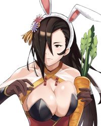 Rule 34 | 1girl, animal ears, black hair, breast press, breasts, brown eyes, brown gloves, carrot, cleavage, collarbone, criss-cross halter, fake animal ears, fire emblem, fire emblem fates, fire emblem heroes, flower, food, gloves, hair flower, hair ornament, hair over one eye, halterneck, headband, holding, holding food, j@ck, kagero (fire emblem), kagero (spring) (fire emblem), large breasts, leotard, long hair, looking to the side, nintendo, playboy bunny, ponytail, rabbit ears, solo, upper body, vegetable, white background, white headband