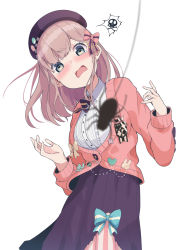 Rule 34 | 1girl, blush, bow, bowtie, brown hair, bug, cardigan, center frills, commentary, frills, hair bow, head tilt, highres, nijisanji, pink cardigan, purin a la mode (popup), scared, simple background, skirt, skull, solo, spider, spoken skull, suzuhara lulu, tearing up, virtual youtuber, white background