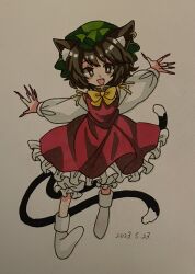 Rule 34 | 1girl, animal ears, bad anatomy, bloomers, blush stickers, brown eyes, brown hair, cat ears, cat tail, chen, dated, dress, earrings, fang, fingernails, frilled dress, frills, full body, furiba 794, green hat, hat, highres, jewelry, long fingernails, long sleeves, mob cap, multiple tails, nail polish, open mouth, red dress, red nails, sharp fingernails, short hair, single earring, smile, socks, solo, tail, touhou, traditional media, two tails, underwear, white bloomers, white socks