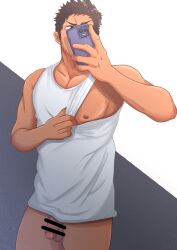Rule 34 | 1boy, bar censor, bara, bare pectorals, black hair, bottomless, cellphone, censored, clothes pull, commentary request, covering face, cowboy shot, facing viewer, flaccid, foreskin, hands up, highres, holding, holding phone, kumaa, male focus, nipples, original, pectorals, penis, phone, pulling own clothes, selfie, shirt, shirt pull, short hair, sideburns, smartphone, solo, standing, tank top, testicles, white shirt
