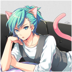 Rule 34 | 1boy, animal ears, blue eyes, cat ears, cat tail, collarbone, commentary request, couch, green hair, hair between eyes, head on arm, looking at viewer, lying, male focus, medium hair, mikaze ai, nanaki tsubasa, on stomach, parted lips, ponytail, shirt, signature, sleeves rolled up, solo, sweater vest, tail, upper body, uta no prince-sama, white shirt