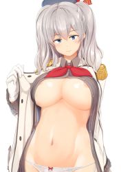 Rule 34 | 10s, 1girl, areola slip, arm at side, beret, blue eyes, bow, bow panties, bra, breasts, buttons, cleavage, closed mouth, collared shirt, dress shirt, epaulettes, female focus, frilled sleeves, frills, gloves, grey hair, grey shirt, groin, hat, jacket, kantai collection, kashima (kancolle), large breasts, lifting own clothes, long hair, long sleeves, looking at viewer, navel, no bra, no pants, open clothes, open shirt, osterei, panties, red bow, shirt, side-tie panties, simple background, solo, stomach, string panties, striped, two side up, underwear, upper body, white background, white bra, white gloves, white panties