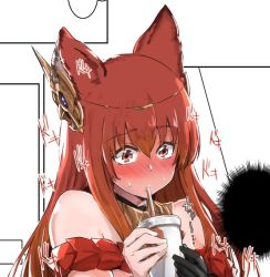 Rule 34 | 1girl, animal ears, anthuria, bad id, bad twitter id, blush, drinking, embarrassed, erune, granblue fantasy, hair ornament, lefthand, long hair, red eyes, red hair, solo, upper body