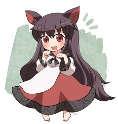 Rule 34 | 1girl, animal ears, barefoot, blush, brown hair, dress, fang, full body, hair between eyes, imaizumi kagerou, long hair, long sleeves, open mouth, red dress, red eyes, rokugou daisuke, signature, smile, solo, tail, touhou, white dress, wolf ears, wolf tail