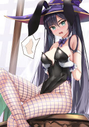 Rule 34 | 1girl, absurdres, animal ears, black hair, black leotard, breast hold, breasts, covered navel, crossed legs, detached collar, fake animal ears, fishnet pantyhose, fishnets, genshin impact, gloves, green eyes, hat, hat ornament, highleg, highleg leotard, highres, leotard, long hair, looking at viewer, medium breasts, mona (genshin impact), open mouth, pantyhose, playboy bunny, rabbit ears, sitting, skai kun, solo, thighs, twintails, white gloves, witch hat