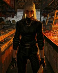 Rule 34 | 1girl, absurdres, belt, belt buckle, between fingers, black belt, black gloves, black pants, black sweater, blonde hair, breasts, buckle, cigarette, closed mouth, commentary, day, gloves, guweiz, highres, holding, holding cigarette, holding knife, jewelry, kitchen knife, knife, long hair, long sleeves, looking at viewer, medium breasts, necklace, original, pants, red-tinted eyewear, red-tinted glasses, red lips, ribbed sweater, round eyewear, solo, standing, sunglasses, sweater, symbol-only commentary, thick eyebrows, tinted eyewear, turtleneck, turtleneck sweater, v-shaped eyebrows