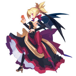 Rule 34 | 1girl, back, backless dress, backless outfit, bare shoulders, bat wings, black dress, black thighhighs, black wings, blonde hair, blush, bow, bowtie, breasts, bright pupils, brooch, closed mouth, demon girl, demon wings, detached sleeves, disgaea, dress, earrings, from side, full body, gun, hair between eyes, hair ornament, hand on own hip, handgun, harada takehito, high heels, high ponytail, highres, holding, holding gun, holding weapon, jewelry, layered dress, legs apart, light smile, long dress, long hair, looking at viewer, makai senki disgaea 2, medium breasts, nippon ichi, official art, petticoat, pink bow, pink eyes, pistol, pointy ears, ponytail, profile, purple bow, red eyes, ribbon, ring, rozalin, sandals, sash, shoes, short ponytail, simple background, skirt, slit pupils, smile, solo, spiked hair, standing, strapless, strapless dress, thighhighs, trigger discipline, weapon, white background, wings, yellow bow