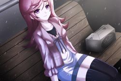 Rule 34 | 1girl, artist request, belted, belted dress, bench, black shirt, black thighhighs, box, chair, character request, clasped dress, collarbone, dress, eyebrows, french text, jacket, long hair, looking at viewer, package, pale skin, pink hair, pink jacket, purple eyes, rain, shirt, simple background, sitting, smile, snow, solo, source request, swept bangs, thighhighs, tight clothes, tight dress, white dress