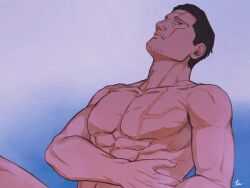 Rule 34 | 1boy, abs, bara, black hair, cheekbones, completely nude, facial hair, from side, goatee stubble, golden kamuy, gradient background, kikuta mokutaro, large pectorals, looking to the side, male focus, mature male, muscular, muscular male, mustache stubble, nipples, nude, out-of-frame censoring, pectorals, scar, scar on face, scar on forehead, short hair, sideburns, sideways glance, solo, stubble, tonta (tonta1231)