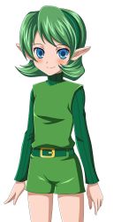 Rule 34 | 1girl, asatsuki (fgfff), bad id, bad pixiv id, belt, blue eyes, blush, green hair, hairband, highres, muedo, nintendo, overalls, pointy ears, saria (zelda), short hair, short jumpsuit, shorts, simple background, smile, solo, sweater, the legend of zelda, the legend of zelda: ocarina of time, white background