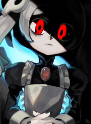 Rule 34 | 1girl, apron, black nails, bloody marie (skullgirls), brooch, fire, frilled apron, frills, frown, grey hair, interlocked fingers, jewelry, juliet sleeves, karsm, long sleeves, looking at viewer, maid headdress, puffy sleeves, red eyes, shaded face, skullgirls, solo, twintails, upper body