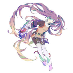 Rule 34 | 1girl, ankle boots, bad id, bad pixiv id, blunt bangs, bodysuit, boots, female focus, full body, garter belt, gauntlets, light purple hair, long hair, multicolored hair, o-ring, okomeuma, pink eyes, ribbon, simple background, solo, sophie (tales), tales of (series), tales of graces, thighhighs, turtleneck, twintails, very long hair, white background, white thighhighs