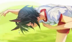 Rule 34 | 1girl, ahoge, animal ears, blurry, blurry background, bowing, closed eyes, closed mouth, commentary request, cowboy shot, earrings, fuji kiseki (umamusume), grass, gul (parfaitgul), highres, horse ears, horse girl, jewelry, leaning forward, multicolored hair, outdoors, red shorts, shirt, short sleeves, shorts, single earring, smile, solo, standing, streaked hair, sweat, umamusume, white hair, white shirt