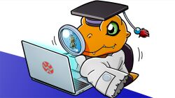 Rule 34 | agumon hakase, artist request, computer, digimon, digimon (creature), hat, holding, holding magnifying glass, lab coat, laptop, magnifying glass, mortarboard, no humans, official art, sleeves past fingers, sleeves past wrists