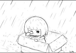 Rule 34 | 1girl, adepta sororitas, blunt bangs, bob cut, box, cardboard box, chibi, commentary, english commentary, for adoption, greyscale, in box, in container, lutherniel, monochrome, rain, sad, short hair, solo, tearing up, tears, warhammer 40k, wet, wiping tears