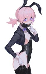 Rule 34 | 1girl, absurdres, animal ears, black jacket, black leotard, black mask, black thighhighs, bow, bowtie, breasts, detached collar, ear piercing, fake animal ears, gloves, hair between eyes, highres, jacket, leotard, looking at viewer, mask, mask pull, mouth mask, open clothes, open jacket, open mouth, original, piercing, pink hair, playboy bunny, purple bow, purple bowtie, purple eyes, rabbit ears, simple background, small breasts, solo, strapless, strapless leotard, thighhighs, toxic ghost, twintails, white background, white gloves