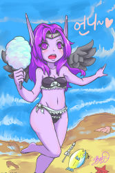 Rule 34 | 1girl, bare shoulders, barefoot, beach, bikini, black wings, blush, breasts, circlet, colored skin, cotton candy, day, feathered wings, fish, food, highres, korean text, league of legends, long hair, morgana (league of legends), ocean, open mouth, purple eyes, purple hair, purple skin, running, side-tie bikini bottom, small breasts, solo, strapless, swimsuit, trombe, waves, wings