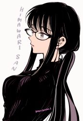 Rule 34 | 1girl, black-framed eyewear, black hair, black sweater, breasts, character name, commentary, copyright name, from side, glasses, hair between eyes, himawari-san, himawari-san (character), lips, long hair, medium breasts, pink lips, purple eyes, ribbed sweater, signature, simple background, solo, sugano manami, sweater, very long hair, white background