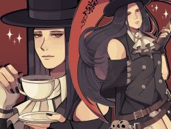 Rule 34 | 1other, androgynous, ascot, asymmetrical gloves, asymmetrical sleeves, black gloves, black hair, black headwear, black nails, bobamiruku, coffee cup, cup, disposable cup, fingerless gloves, gloves, guilty gear, guilty gear strive, hat, highres, holding, holding cup, holding saucer, holding scythe, long hair, looking at viewer, other focus, parted lips, red eyes, saucer, scythe, skull, testament (guilty gear), top hat, white ascot, white gloves