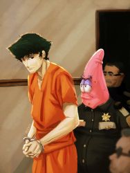 Rule 34 | 4boys, absurdres, alternate costume, artist name, black eyes, black hair, black shirt, blurry, blurry background, blurry foreground, bodko (comradebodko), closed mouth, collarbone, collared shirt, colored skin, cowboy bebop, crossover, cuffs, depth of field, frown, glasses, handcuffs, highres, indoors, looking at another, male focus, multiple boys, orange pants, orange shirt, pants, patrick star, pink skin, police, prison clothes, shackles, shirt, short hair, short sleeves, signature, spike spiegel, spiked hair, spongebob squarepants (series), starfish, sunglasses, t-shirt, uniform, v-neck, what