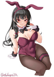 Rule 34 | 1girl, alternate costume, animal ears, black hair, black ribbon, blush, bow, bowtie, breasts, brown pantyhose, cleavage, covered navel, detached collar, ebifurya, fake animal ears, fake tail, gloves, hair between eyes, hair ribbon, highres, isokaze (kancolle), kantai collection, leotard, long hair, looking at viewer, medium breasts, neck ribbon, one-hour drawing challenge, pantyhose, pink leotard, playboy bunny, rabbit ears, rabbit tail, red eyes, ribbon, simple background, solo, strapless, strapless leotard, tail, tress ribbon, twitter username, white background, white gloves, wrist cuffs, wristband