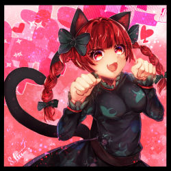 Rule 34 | 1girl, :3, :d, animal ears, belt, black border, black bow, blunt bangs, border, bow, braid, breasts, cat ears, cat tail, dress, extra ears, eyelashes, fang, frills, green dress, hair bow, hair intakes, hair ribbon, hands up, heart, heart background, highres, juliet sleeves, kaenbyou rin, light blush, lips, long hair, long sleeves, looking at viewer, medium breasts, multiple tails, nekomata, open mouth, paw pose, pink background, puffy sleeves, red eyes, red hair, ribbon, same tiii, smile, solo, tail, touhou, tress ribbon, twin braids, twintails, two tails, upper body