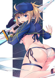 Rule 34 | 1girl, absurdres, artoria pendragon (fate), ass, baseball cap, bikini, blonde hair, blue eyes, blue hat, blue jacket, breasts, butt crack, cropped jacket, fate/grand order, fate (series), hair between eyes, hair through headwear, hat, highres, holding, holding polearm, holding weapon, jacket, looking back, medium breasts, muyoshito, mysterious heroine x (fate), mysterious heroine xx (fate), polearm, ponytail, rhongomyniad (fate), shrug (clothing), side-tie bikini bottom, solo, standing, swimsuit, thigh strap, twinmyniad (fate), weapon, white bikini, wristband, yoshito (muyoshito207)