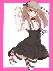 Rule 34 | 1girl, black bow, black bowtie, black footwear, black pantyhose, black ribbon, black skirt, border, bow, bowtie, brown eyes, casual, closed mouth, collared shirt, commentary, floating, girls und panzer, hair ribbon, high-waist skirt, highres, layered skirt, legs up, light brown hair, long hair, long sleeves, mary janes, medium skirt, one side up, oritako, pantyhose, pink border, ribbon, shimada arisu, shirt, shoes, skirt, smile, solo, striped clothes, striped pantyhose, suspender skirt, suspenders, white shirt