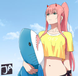 Rule 34 | 1girl, bikini, black bikini, blue sky, breasts, cloud, collarbone, commentary, crop top, darling in the franxx, day, green eyes, highres, horns, j adsen, long hair, medium breasts, navel, oni horns, outdoors, parted lips, pink hair, ponytail, red horns, shark, shirt, side-tie bikini bottom, signature, sky, solo, standing, stomach, swimsuit, yellow shirt, zero two (darling in the franxx)