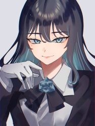 Rule 34 | 1girl, absurdres, ado (utaite), black bow, black bowtie, black hair, black jacket, blue eyes, blue flower, blue hair, blue rose, bow, bowtie, chando (ado), chromatic aberration, closed mouth, cloud nine inc, collared shirt, colored inner hair, commentary, flower, flower brooch, gloves, grey background, hair between eyes, highres, jacket, long hair, long sleeves, looking at viewer, mole, mole under eye, multicolored hair, rose, shirt, sidelocks, simple background, solo, tsukuno tsuki, two-tone hair, upper body, utaite, white gloves, white shirt