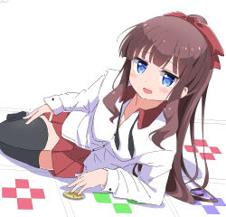 Rule 34 | 1girl, absurdres, artist name, black thighhighs, blue eyes, brown hair, cynical (llcbluckg c004), dot nose, highres, long hair, long sleeves, looking at viewer, loose necktie, lying, necktie, new game!, on side, open mouth, ponytail, takimoto hifumi, thighhighs, white background