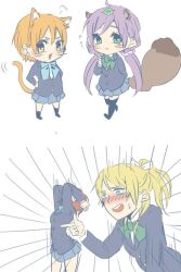Rule 34 | 4girls, :3, ahoge, animal ears, ayase eli, black socks, black thighhighs, blazer, blonde hair, blue bow, blue bowtie, blue eyes, blue jacket, blue skirt, blush, bow, bowtie, cat ears, cat girl, cat tail, chibi, closed mouth, collared shirt, commentary request, cowboy shot, fang, finger gun, green bow, green bowtie, green eyes, hair ornament, hair scrunchie, hands on own head, hands on own hips, hoshizora rin, index finger raised, jacket, kashikaze, kemonomimi mode, kneehighs, leaf, leaf on head, long hair, long sleeves, looking at viewer, love live!, love live! school idol project, low twintails, multiple girls, nishikino maki, open mouth, orange hair, otonokizaka school uniform, pleated skirt, pointing, ponytail, purple hair, raccoon ears, raccoon girl, raccoon tail, red hair, school uniform, scrunchie, shirt, short hair, simple background, skirt, socks, sweatdrop, tail, teeth, thighhighs, tojo nozomi, twintails, upper teeth only, white background, white shirt, yellow eyes, zettai ryouiki
