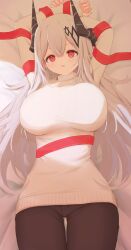 Rule 34 | 1girl, alternate costume, arknights, arms up, bed sheet, black pants, blush, breasts, grey hair, hair ornament, highres, horns, large breasts, long hair, long sleeves, looking at viewer, lying, mudrock (arknights), on back, on bed, open mouth, pants, pointy ears, red eyes, red ribbon, ribbon, risshu, sleeves past wrists, solo, sweater, thigh gap, very long hair, white sweater